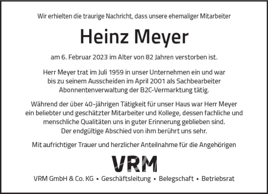 Traueranzeige von Heinz Meyer von Wiesbadener Kurier gesamt
