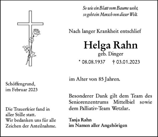 Traueranzeige von Helga Rahe von Wetzlarer Neue Zeitung