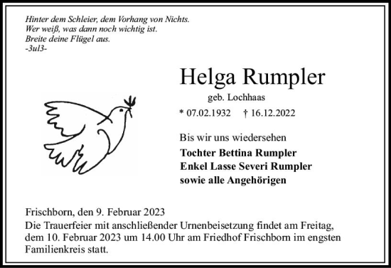 Traueranzeige von Helga Rumpler von VRM Trauer