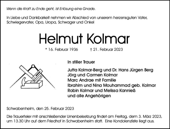 Traueranzeige von Helmut Kolmar von Allgemeine Zeitung Bingen/Ingelheim