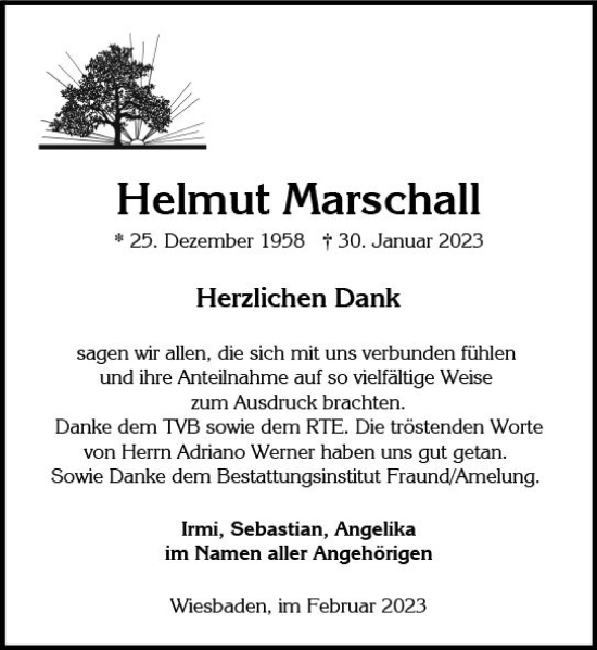 Traueranzeige von Helmut Marschall von Wiesbadener Kurier