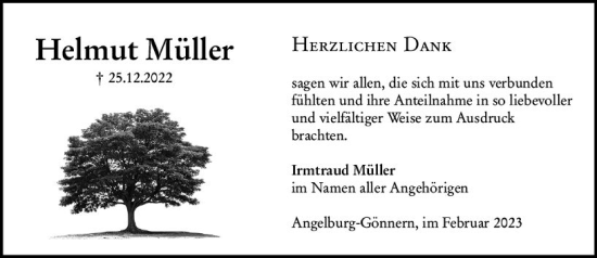 Traueranzeige von Helmut Müller von Hinterländer Anzeiger