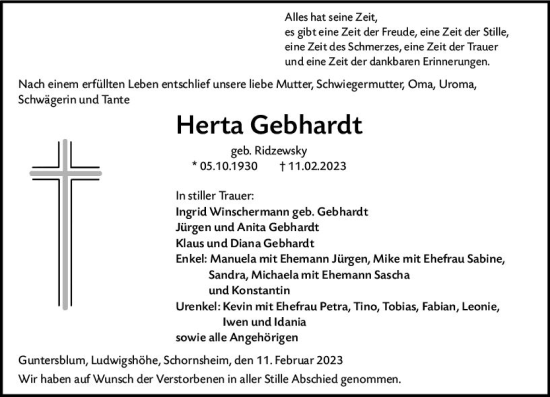 Traueranzeige von Herta Gebhardt von Allgemeine Zeitung Mainz