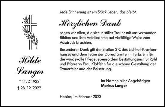 Traueranzeige von Hilde Langer von VRM Trauer
