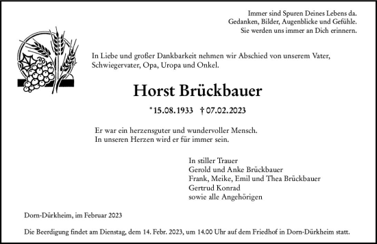 Traueranzeige von Horst Brückbauer von Wormser Zeitung