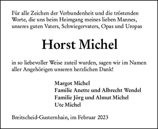 Traueranzeige von Horst Michel von Dill Block