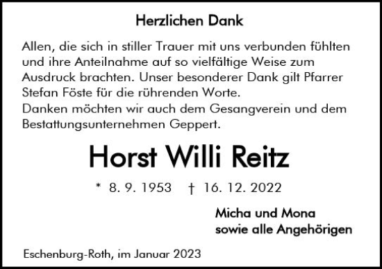 Traueranzeige von Horst Willi Reitz von Hinterländer Anzeiger