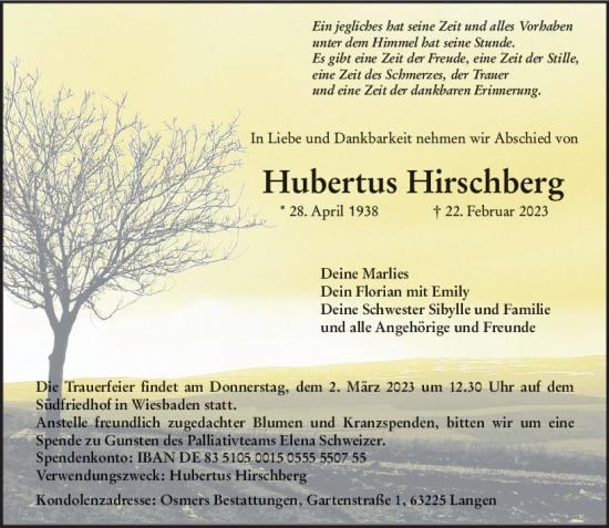 Traueranzeige von Hubertus Hirschberg von Wiesbadener Kurier