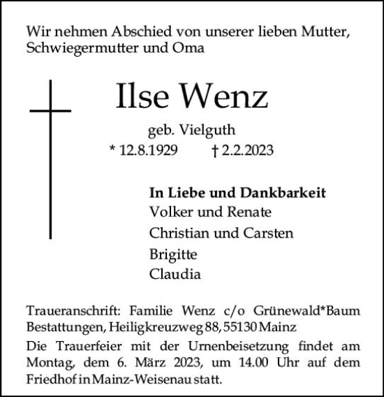 Traueranzeige von Ilse Wenz von Allgemeine Zeitung Mainz