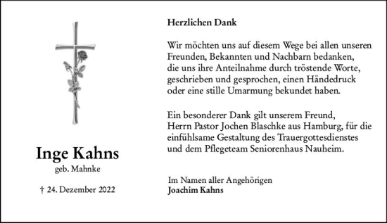 Traueranzeige von Inge Kahns von Rüsselsheimer Echo