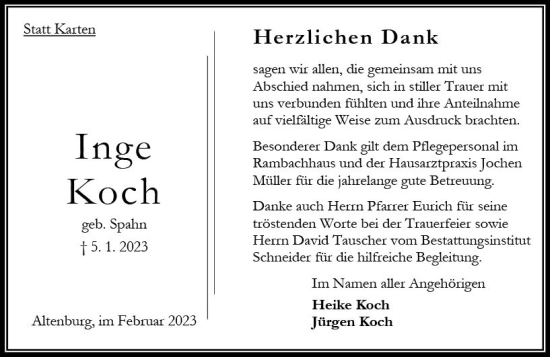 Traueranzeige von Inge Koch von Oberhessen Kurier