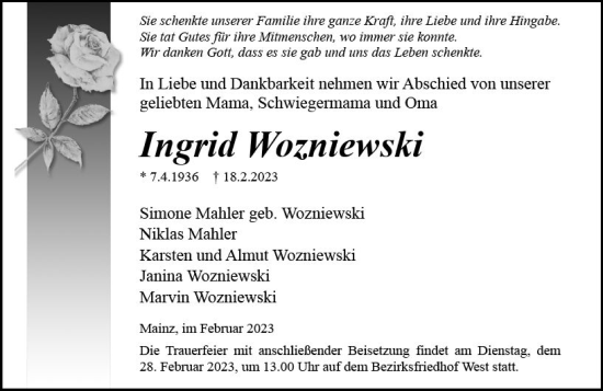 Traueranzeige von Ingrid Wozniewski von Allgemeine Zeitung Mainz