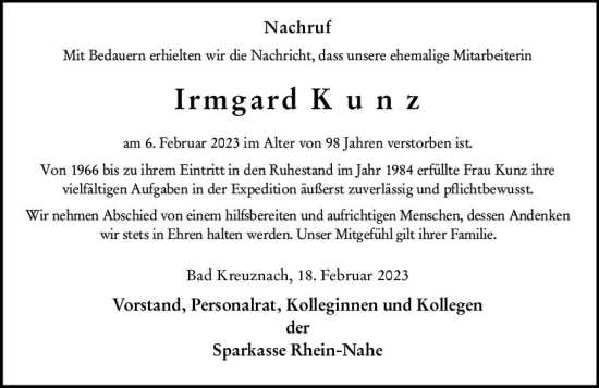 Traueranzeige von Irmgard Kunz von Allgemeine Zeitung Bad Kreuznach