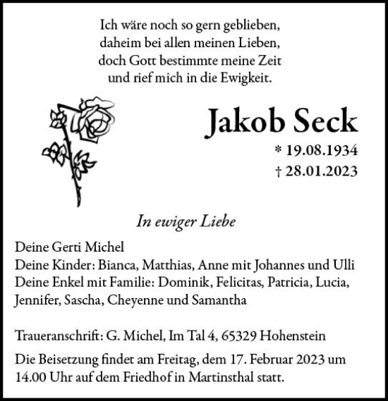 Traueranzeige von Jakob Seck von Wiesbadener Kurier gesamt