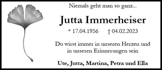 Traueranzeige von Jutta Immerheiser von Allgemeine Zeitung Ingelheim-Bingen