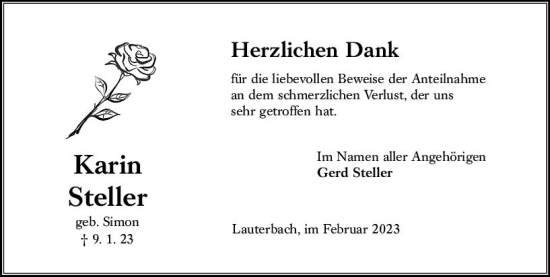 Traueranzeige von Karin Steller von Oberhessen Kurier
