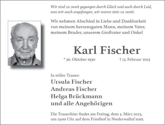 Traueranzeige von Karl Fischer von Wiesbadener Kurier