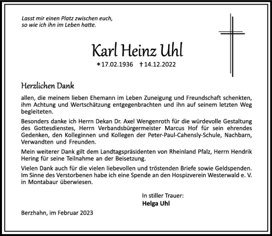 Traueranzeige von Karl Heinz Uhl von Nassauische Neue Presse