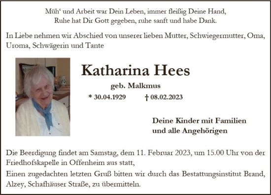 Traueranzeige von Katharina Hees von Allgemeine Zeitung Alzey