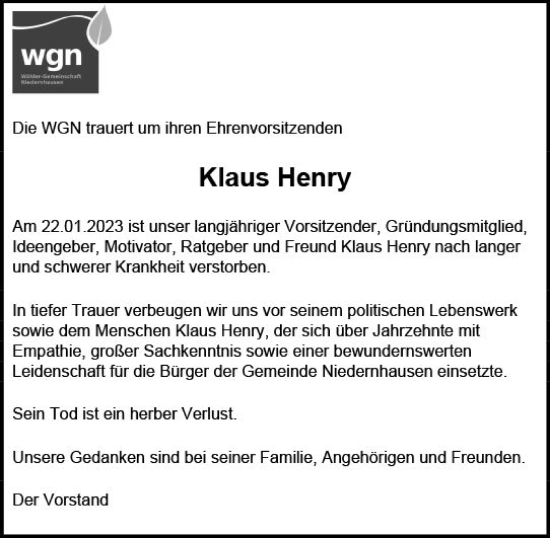 Traueranzeige von Klaus Henry von Idsteiner Land / Untertaunus Kurier