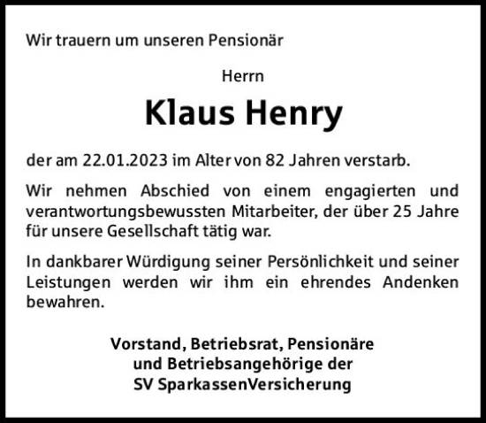 Traueranzeige von Klaus Henry von Wiesbadener Kurier