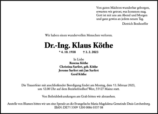 Traueranzeige von Klaus Köthe von Allgemeine Zeitung Mainz