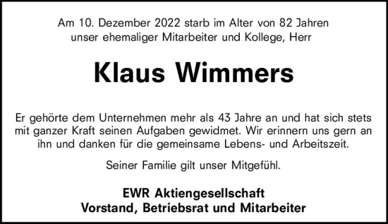 Traueranzeige von Klaus Wimmers von Wormser Zeitung