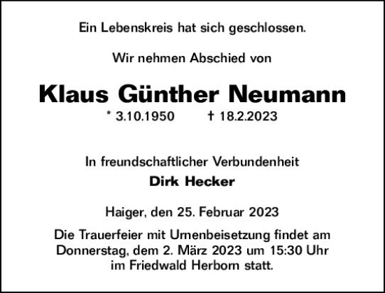 Traueranzeige von Klaus Günther Neumann von Dill Block
