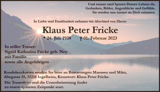 Traueranzeige von Klaus Peter Fricke von Allgemeine Zeitung Ingelheim-Bingen