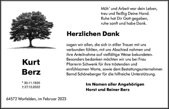 Traueranzeige von Kurt Berz von Groß-Gerauer Echo