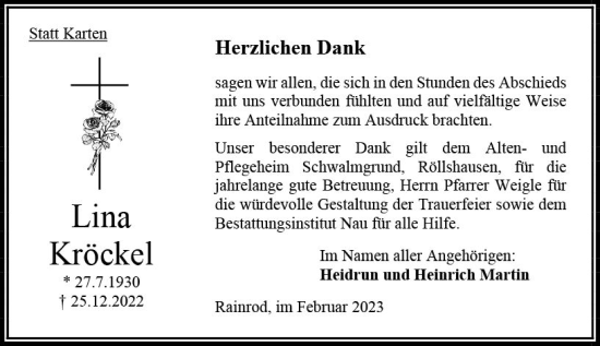 Traueranzeige von Lina Kröckel von OK Oberhessen Kurier