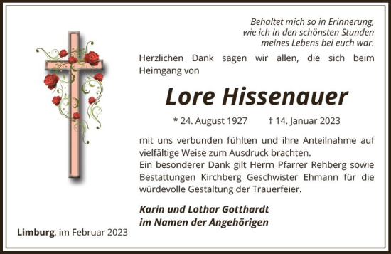 Traueranzeige von Lore Hissenauer von Nassauische Neue Presse