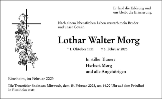 Traueranzeige von Lothar Walter Morg von Allgemeine Zeitung Mainz