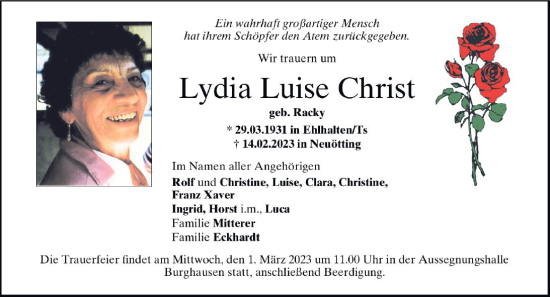 Traueranzeige von Lydia Luise Christ von Wiesbadener Kurier