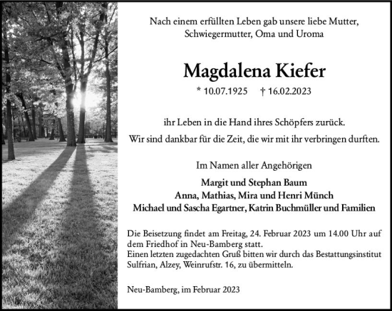 Traueranzeige von Magdalena Kiefer von Allgemeine Zeitung Bad Kreuznach