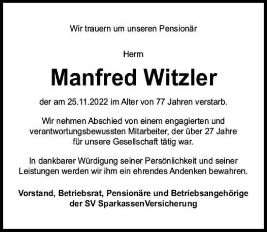 Traueranzeige von Manfred Witzler von Darmstädter Echo