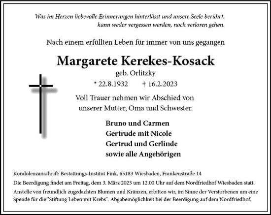 Traueranzeige von Margarete Kerekes-Kosack von Wiesbadener Kurier