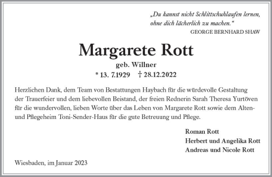 Traueranzeige von Margarete Rott von Wiesbadener Kurier gesamt