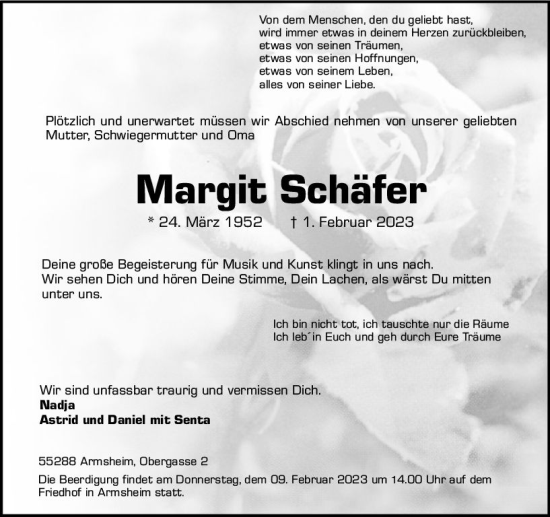 Traueranzeige von Margit Schäfer von Allgemeine Zeitung Alzey