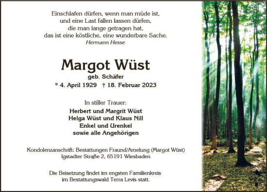 Traueranzeige von Margot Wüst von Wiesbadener Kurier