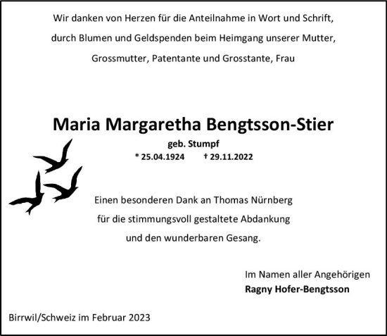 Traueranzeige von Maria Margaretha Bengtsson-Stier von Allgemeine Zeitung Alzey