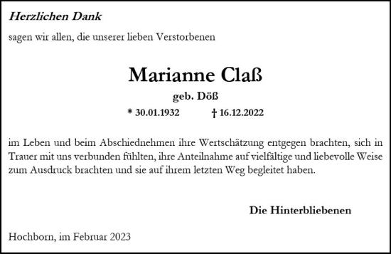 Traueranzeige von Marianne Claß von Allgemeine Zeitung Alzey