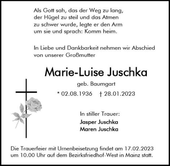 Traueranzeige von Marie-Luise Juschka von Allgemeine Zeitung Mainz