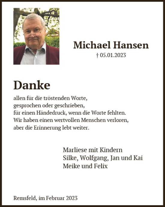 Traueranzeige von Michael Hansen von Oberhessen Kurier
