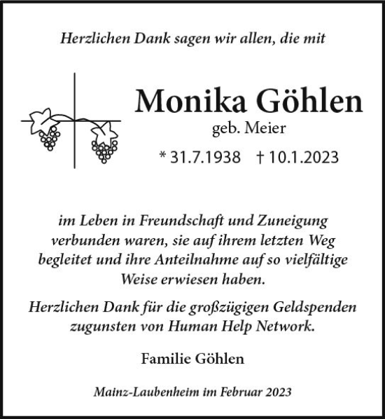 Traueranzeige von Monika Göhlen von Allgemeine Zeitung Mainz