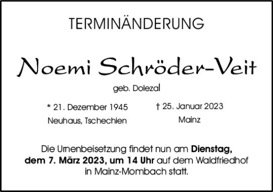 Traueranzeige von Noemi Schröder-Veit von Allgemeine Zeitung Mainz