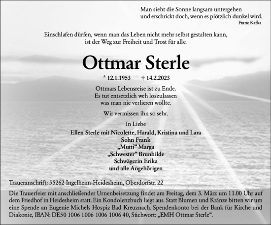 Traueranzeige von Ottmar Sterle von Allgemeine Zeitung Mainz