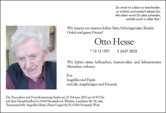 Traueranzeige von Otto Hesse von Wiesbadener Kurier gesamt