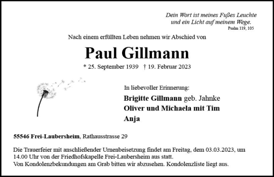 Traueranzeige von Paul Gillmann von Allgemeine Zeitung Bad Kreuznach