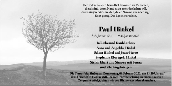 Traueranzeige von Paul Hinkel von Wormser Zeitung